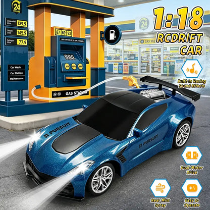 1:18 Remote Control Car with Spray and Dual Sounds, 2.4GHz LED Racing Toy for Boys and Girls