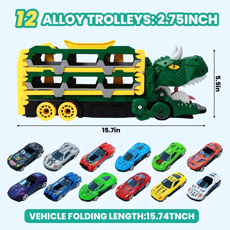 Dinosaur Transport Truck Toy for Toddlers with 12 Die-Cast Cars, 2-in-1 Transforming Dino Vehicle