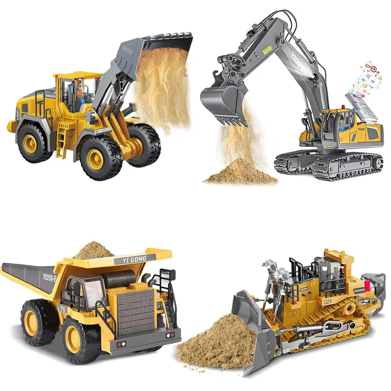 4-Pcs Remote Control Construction Vehicle Set - Metal Excavator, Loader, Dump Truck, Bulldozer