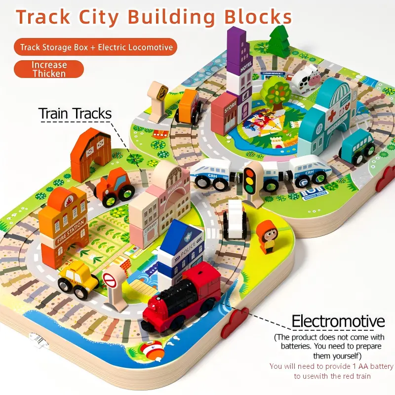 Wooden Track City Blocks Set with Magnetic Trains and Geometric Building Kits for Kids