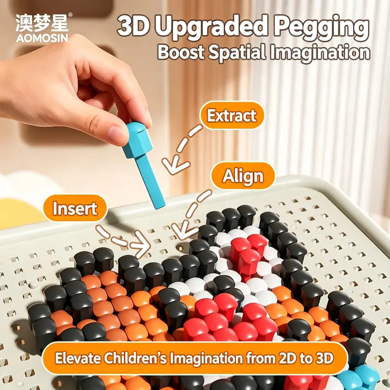 Kids Early Learning Peg Puzzles Toy - 3-Section Adjustable Table Leg DIY Pegboard Building Blocks Set