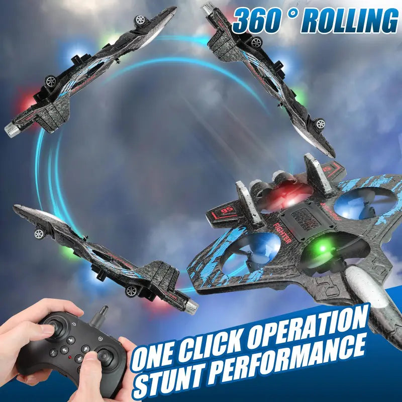 Remote Control RC Fighter Jet Drone with 360° Flips, LED Lights and Vertical Takeoff