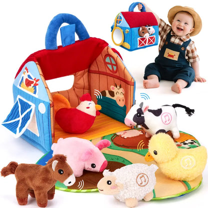 Surprise Barn Playset with Stuffed Farm Animals & Real Sounds - Montessori Sensory Toy for Toddlers