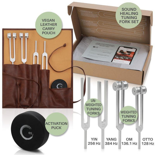 Sound Healing Tuning Fork Set – 128Hz, 136.1Hz, 256Hz, 384Hz with Activator for Stress Relief