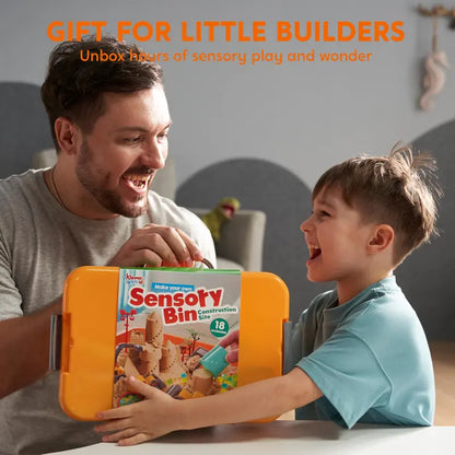 Construction Sensory Bin for Toddlers with Glow in The Dark Stones, Sandbox with Lid Castle Building Kit