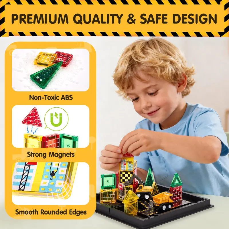 38 PCS Magnetic Tiles Road Toppers Set with Cars for Kids Ages 3-7, STEM Building Toys