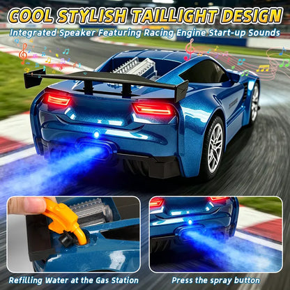 1:18 Remote Control Car with Spray and Dual Sounds, 2.4GHz LED Racing Toy for Boys and Girls