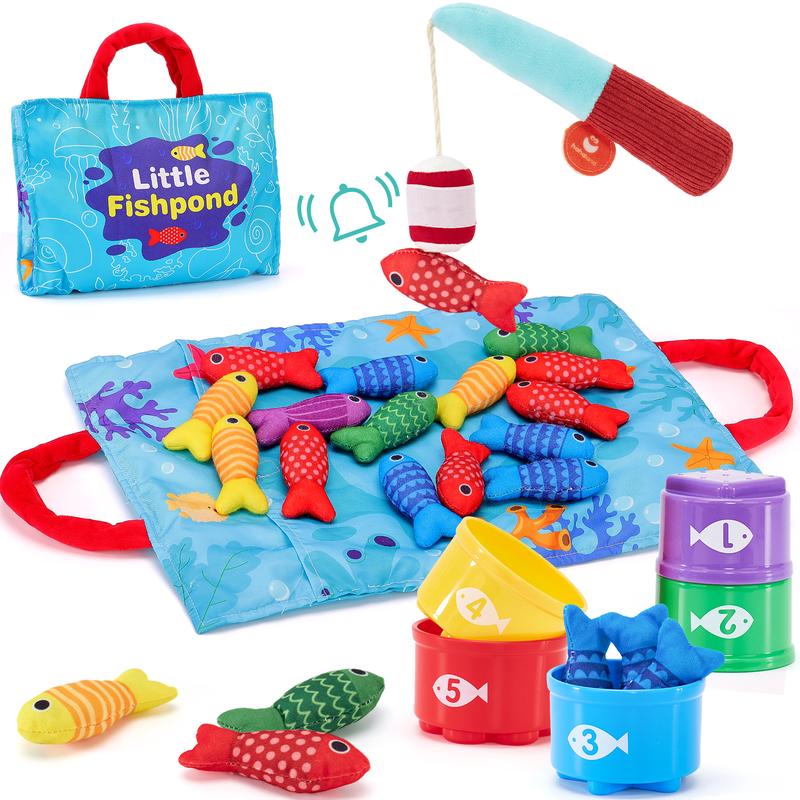 10-in-1 Toddler Fishing Set with Stacking Cups and Ocean Mat - 22 Pcs Montessori Toys