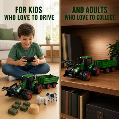 RC Farm Tractor Toy with Trailer, 2.4GHz Remote Control Vehicle Set with LED Lights