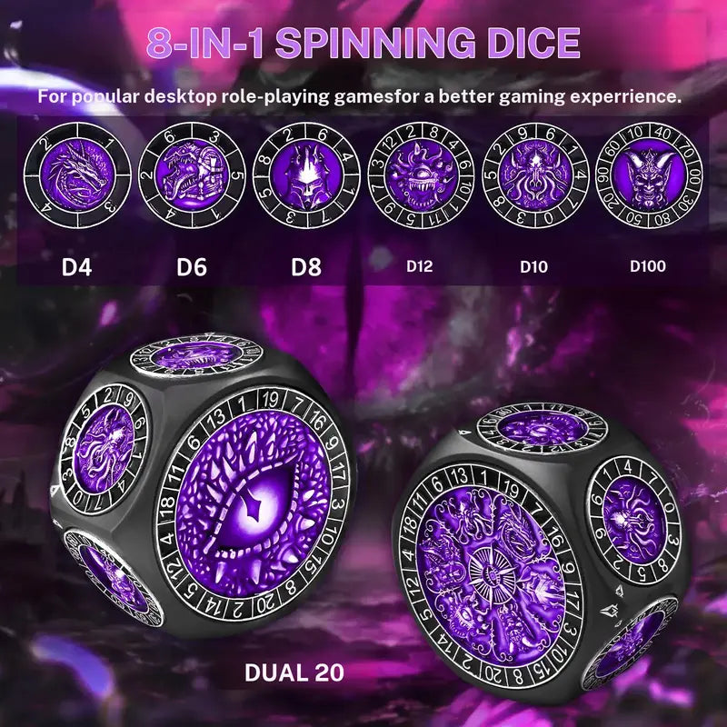 8-in-1 Heavyweight Metal Spinner Dice Set, 60mm Polyhedral Dice with 3D Monster Engravings