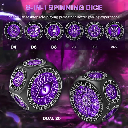 8-in-1 Heavyweight Metal Spinner Dice Set, 60mm Polyhedral Dice with 3D Monster Engravings