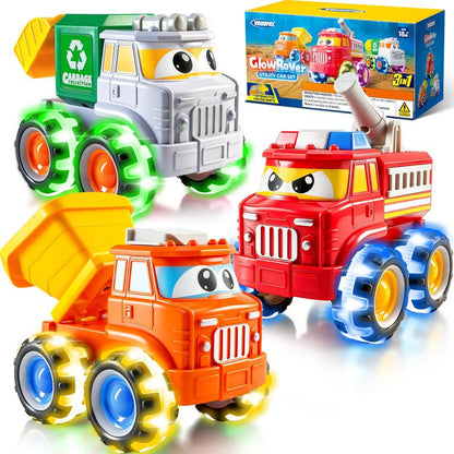 3 Pack Monster Truck Toys with Flashing LED Light Up Wheels, Construction Vehicle Set for Kids Ages 3-7