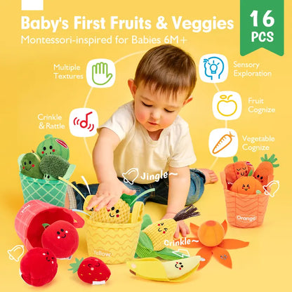 16Pcs Colorful Play Food Set - Crinkle and Rattle Montessori Learning Toys for Infants 6-12 Months