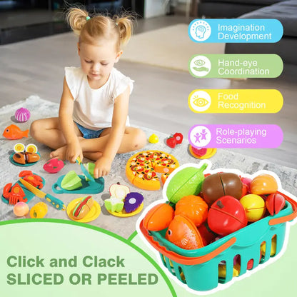 Unisex BPA-Free ABS Plastic Toddler Kitchen & Food Toys, 100-Pcs Nontoxic Fruit & Vegetable Cutting Set