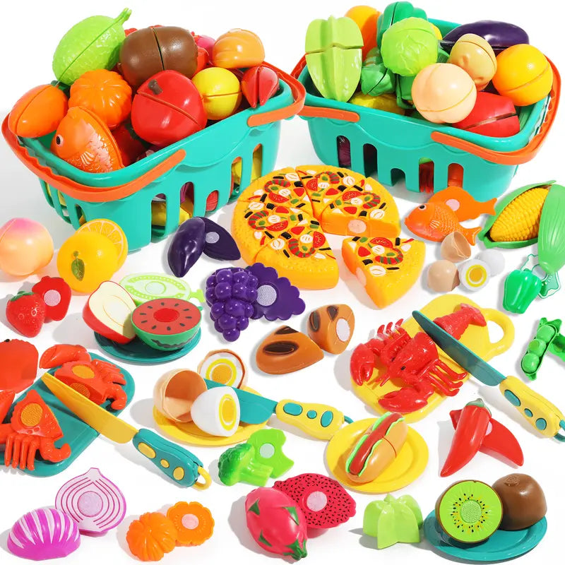 Unisex BPA-Free ABS Plastic Toddler Kitchen & Food Toys, 100-Pcs Nontoxic Fruit & Vegetable Cutting Set