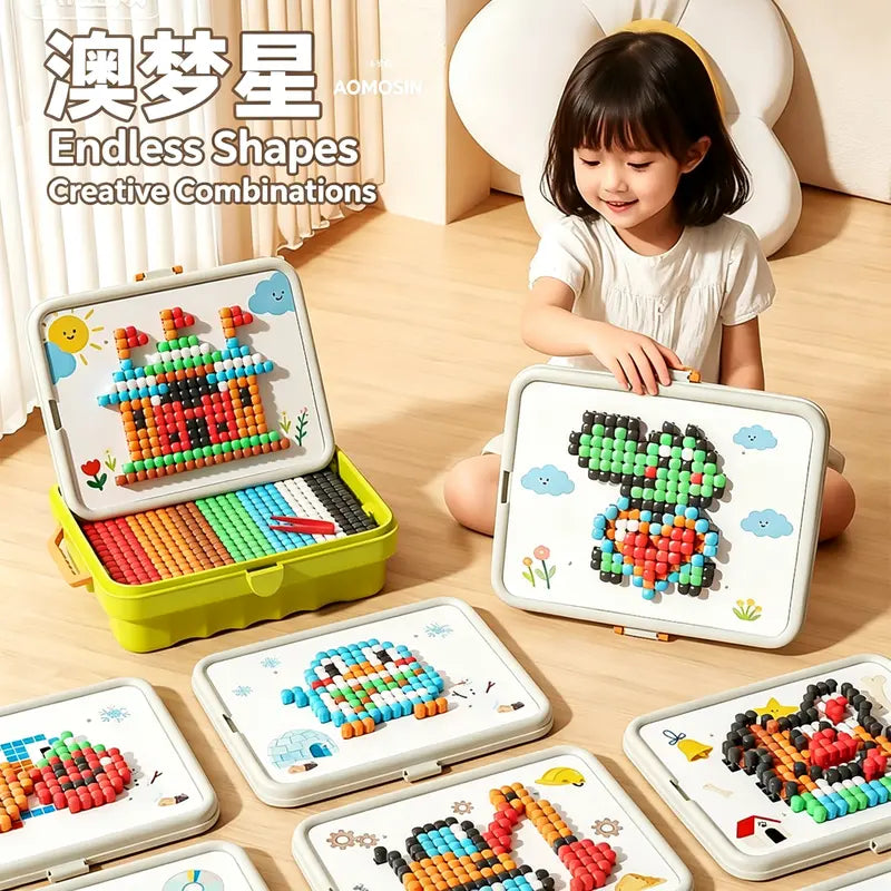 Kids Early Learning Peg Puzzles Toy - 3-Section Adjustable Table Leg DIY Pegboard Building Blocks Set