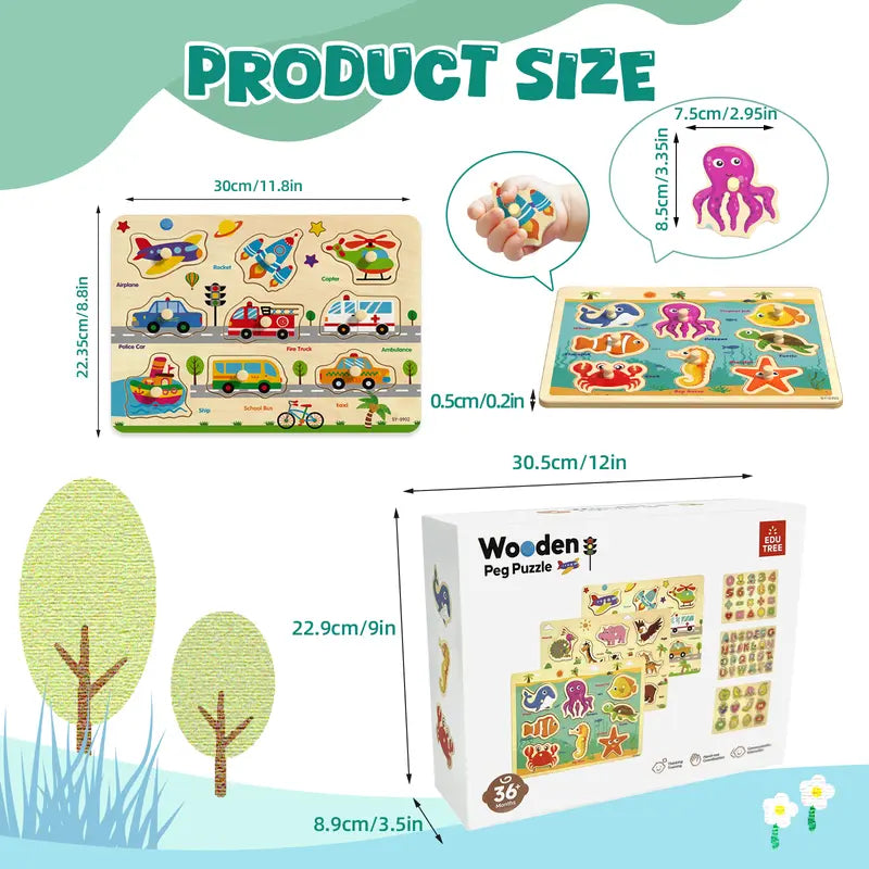 6-Piece Wooden Peg Puzzle Set - Educational Learning Toys for Toddlers Ages 1-4