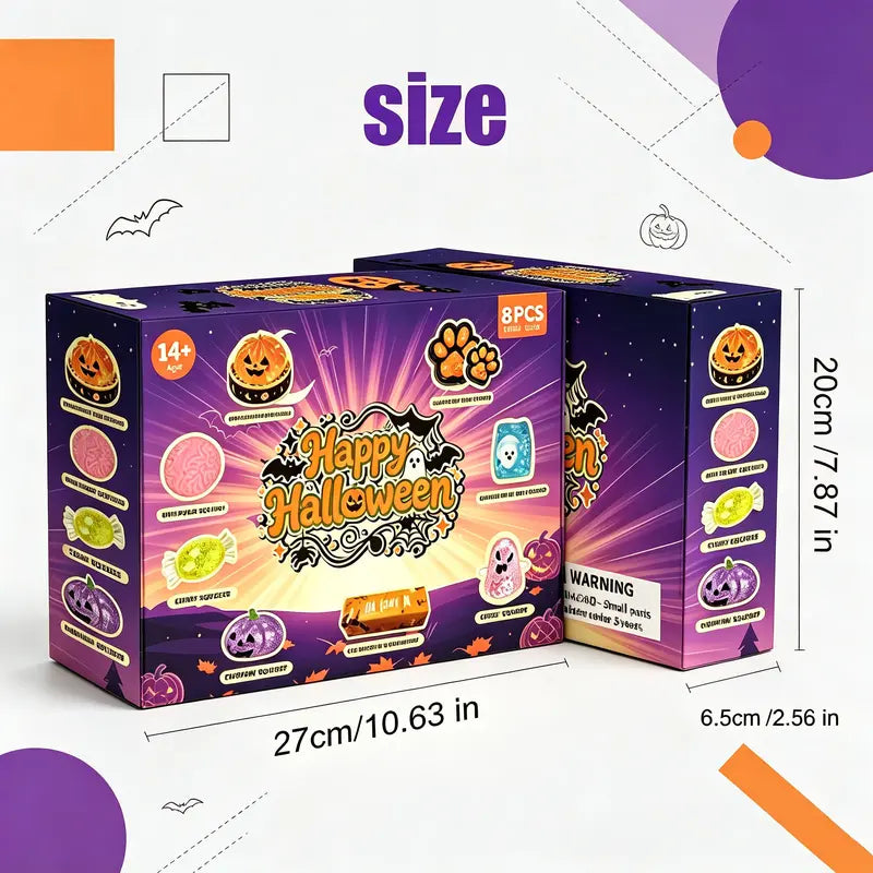 8-Piece Halloween Squishy Gift Box, Malt Sugar Stress Relief Fidget Toys, Sensory Toy Bundle