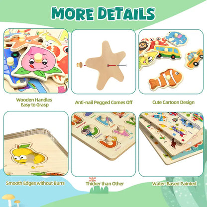 6-Piece Wooden Peg Puzzle Set - Educational Learning Toys for Toddlers Ages 1-4