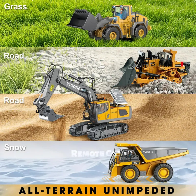 4-Pcs Remote Control Construction Vehicle Set - Metal Excavator, Loader, Dump Truck, Bulldozer