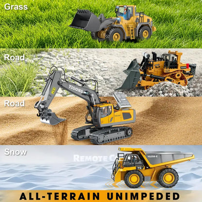 4-Pcs Remote Control Construction Vehicle Set - Metal Excavator, Loader, Dump Truck, Bulldozer