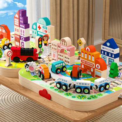 Wooden Track City Blocks Set with Magnetic Trains and Geometric Building Kits for Kids