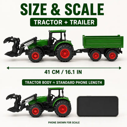 RC Farm Tractor Toy with Trailer, 2.4GHz Remote Control Vehicle Set with LED Lights