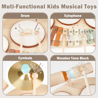 4-in-1 Wooden Drum Set with Xylophone - Montessori Musical Instruments for Toddlers