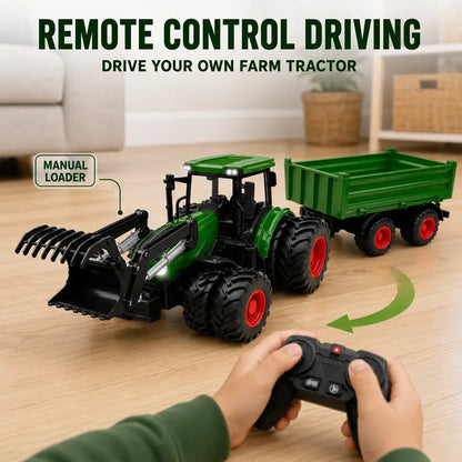 RC Farm Tractor Toy with Trailer, 2.4GHz Remote Control Vehicle Set with LED Lights