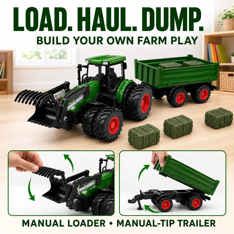 RC Farm Tractor Toy with Trailer, 2.4GHz Remote Control Vehicle Set with LED Lights