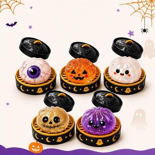 5 Pack Halloween Spooky Glitter Dumpling Squishies, Stress Relief Fidget Toys with Mini Steamers