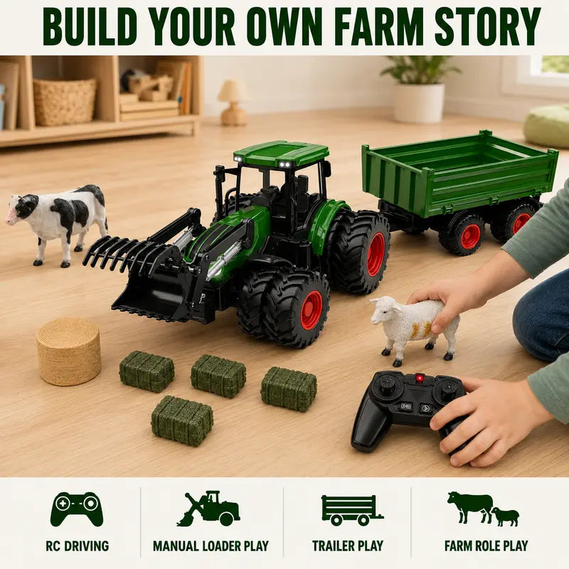 RC Farm Tractor Toy with Trailer, 2.4GHz Remote Control Vehicle Set with LED Lights