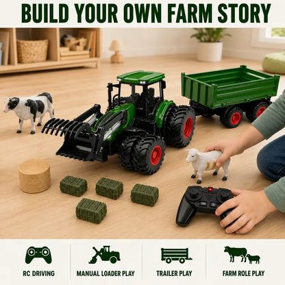 RC Farm Tractor Toy with Trailer, 2.4GHz Remote Control Vehicle Set with LED Lights