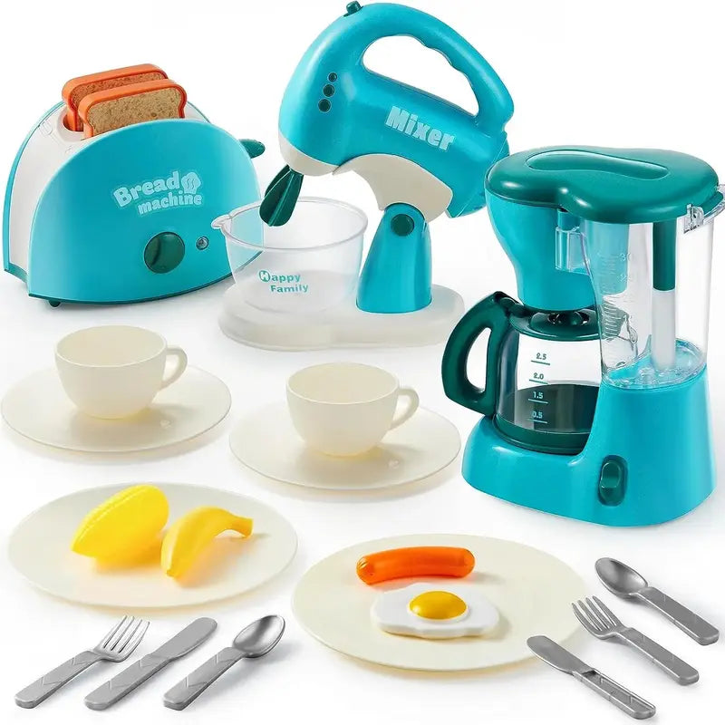 Pretend Kitchen Toy Set with Coffee Maker, Mixer, Toaster, Realistic Lights & Sounds