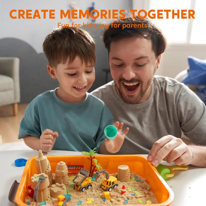 Construction Sensory Bin for Toddlers with Glow in The Dark Stones, Sandbox with Lid Castle Building Kit