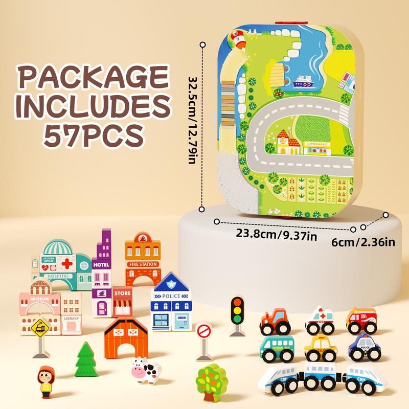 Wooden Track City Blocks Set with Magnetic Trains and Geometric Building Kits for Kids