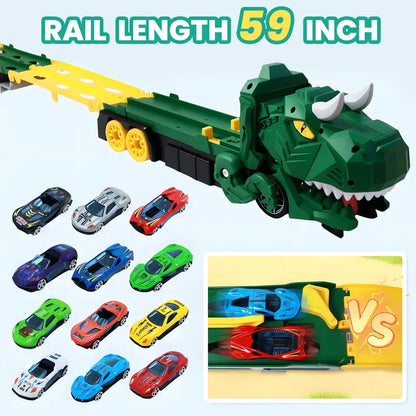 Dinosaur Transport Truck Toy for Toddlers with 12 Die-Cast Cars, 2-in-1 Transforming Dino Vehicle