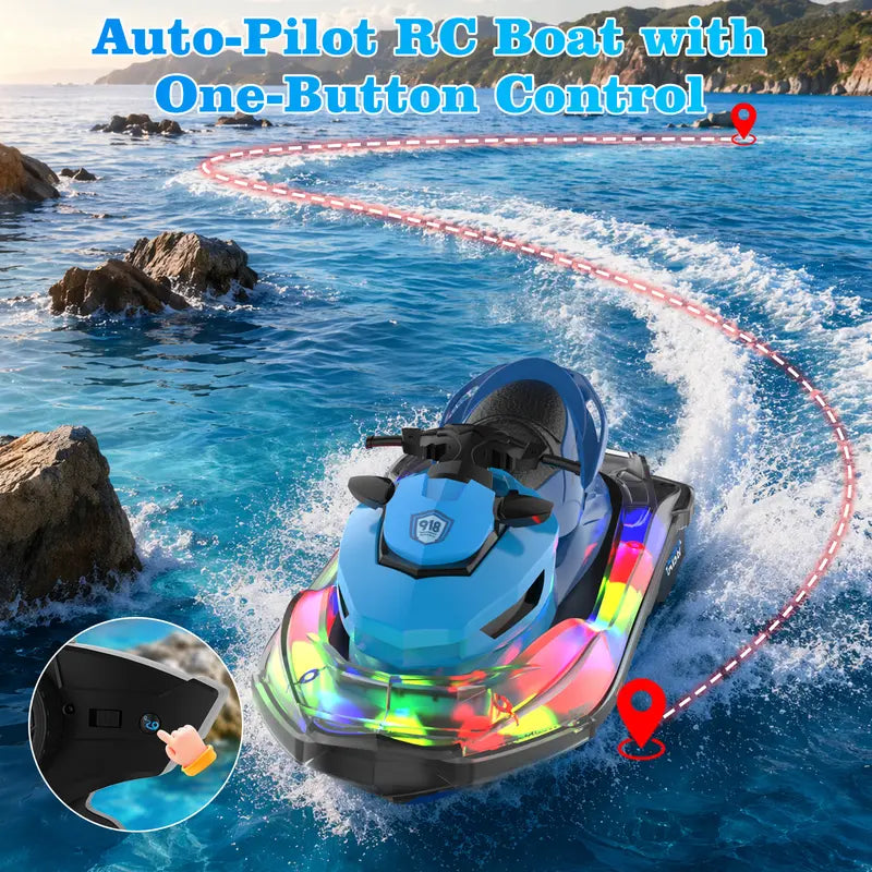 2.4GHz Learning RC Water Scooter Boat - Motorcycle Style with LED Lights and Auto-Pilot
