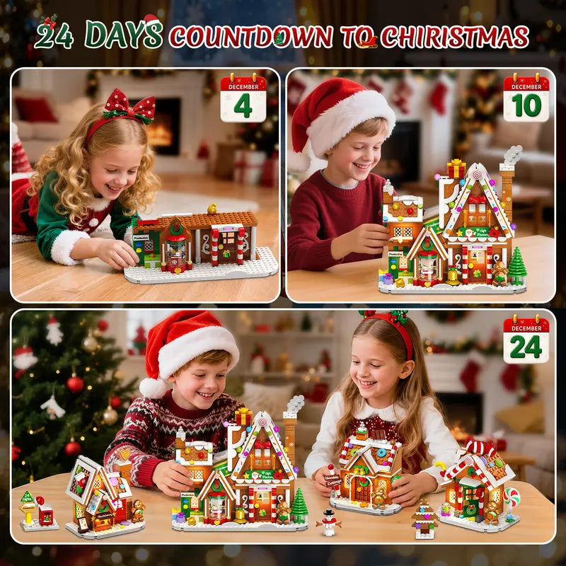 Advent Calendar 2026 Gingerbread House Mini Building Set with Lights, 24 Days Christmas Countdown Gift Factory Building Kit