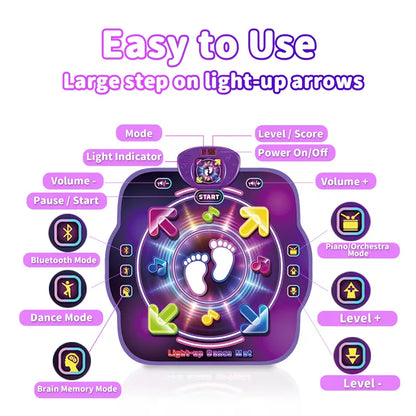 Electronic Dance Mat for Kids Ages 3-12, Wireless Bluetooth Pad with 4 Light-up Buttons and 4 Game Modes