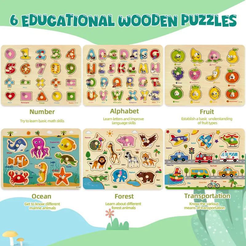 6-Piece Wooden Peg Puzzle Set - Educational Learning Toys for Toddlers Ages 1-4