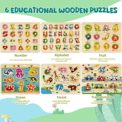 6-Piece Wooden Peg Puzzle Set - Educational Learning Toys for Toddlers Ages 1-4