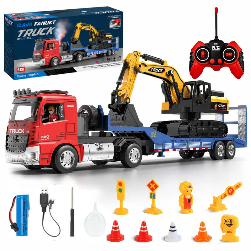 Unisex RC Semi Truck & Excavator Toy Kit, 6-Channel 2.4GHz Flatbed Trailer Set