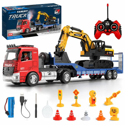 Unisex RC Semi Truck & Excavator Toy Kit, 6-Channel 2.4GHz Flatbed Trailer Set