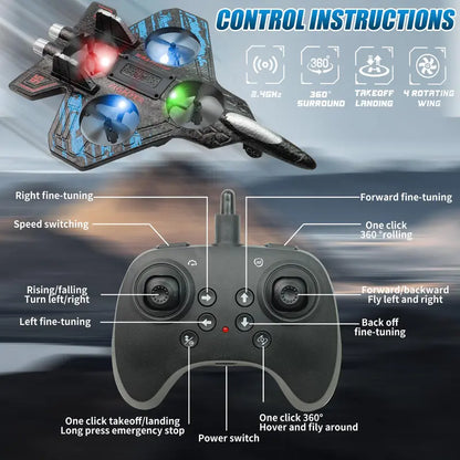 Remote Control RC Fighter Jet Drone with 360° Flips, LED Lights and Vertical Takeoff