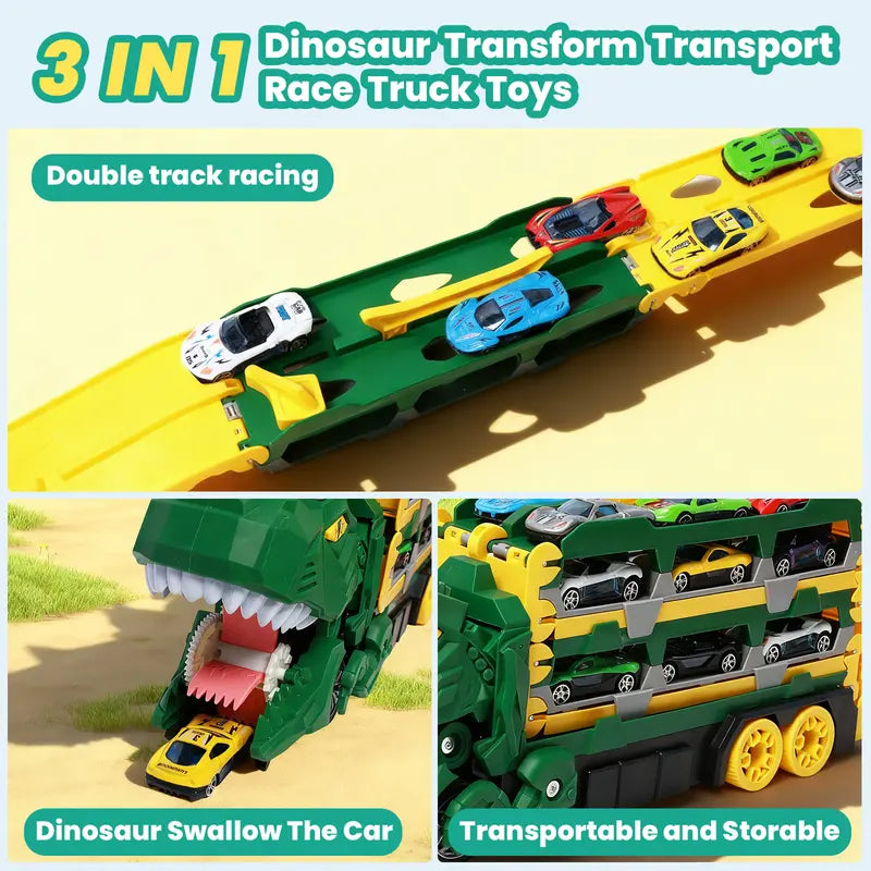 Dinosaur Transport Truck Toy for Toddlers with 12 Die-Cast Cars, 2-in-1 Transforming Dino Vehicle