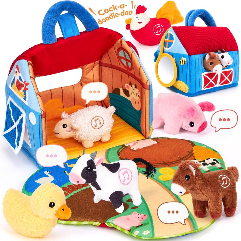 Surprise Barn Playset with Stuffed Farm Animals & Real Sounds - Montessori Sensory Toy for Toddlers