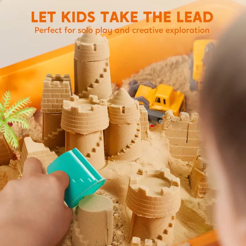 Construction Sensory Bin for Toddlers with Glow in The Dark Stones, Sandbox with Lid Castle Building Kit
