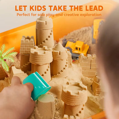 Construction Sensory Bin for Toddlers with Glow in The Dark Stones, Sandbox with Lid Castle Building Kit