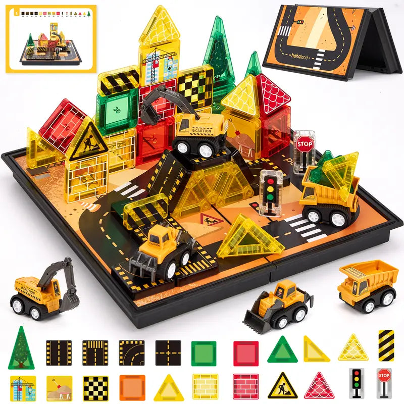 38 PCS Magnetic Tiles Road Toppers Set with Cars for Kids Ages 3-7, STEM Building Toys
